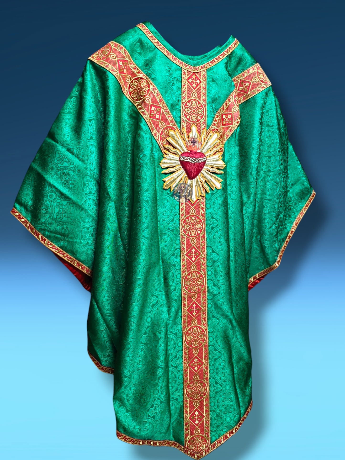 Green Gothic Chasuble with Hand Embroidered Sacred Heart Applique Low Mass Set
