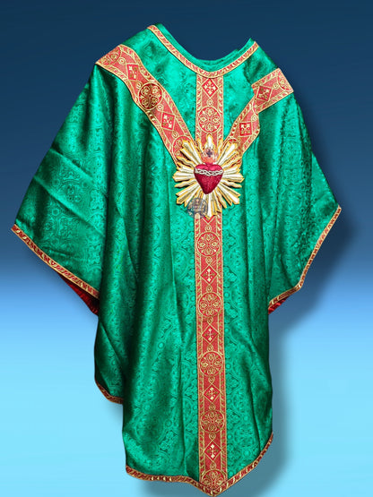 Green Gothic Chasuble with Hand Embroidered Sacred Heart Applique Low Mass Set