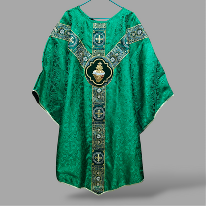 Hand-Embroidered Sacred Heart Green Chasuble in Church Damask & Fringed Stole.