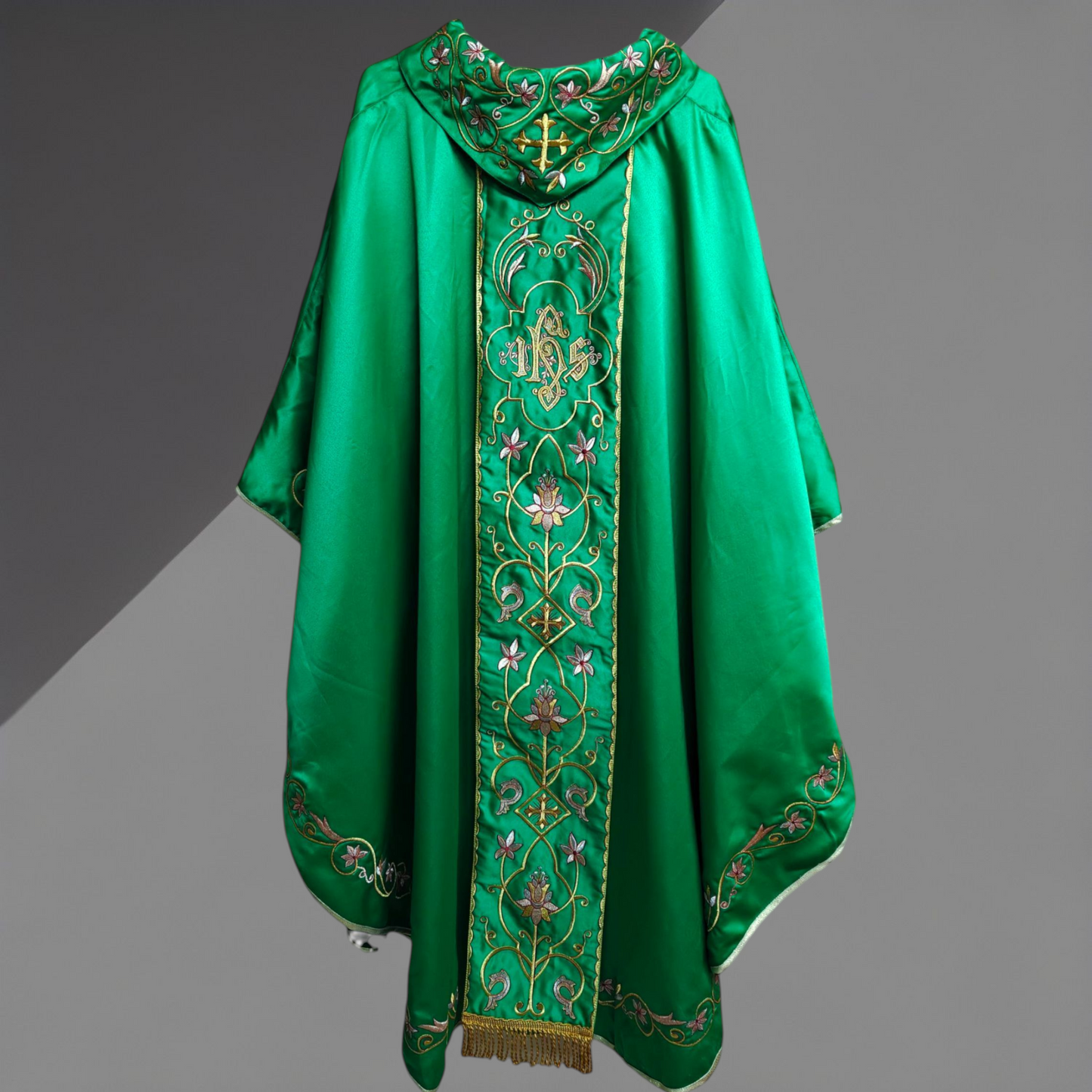 Gothic Chasuble with Embroidered IHS & Floral Orphrey Catholic Priest Vest