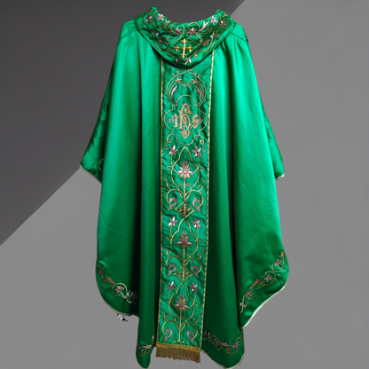 Gothic Chasuble with Embroidered IHS & Floral Orphrey Catholic Priest Vest