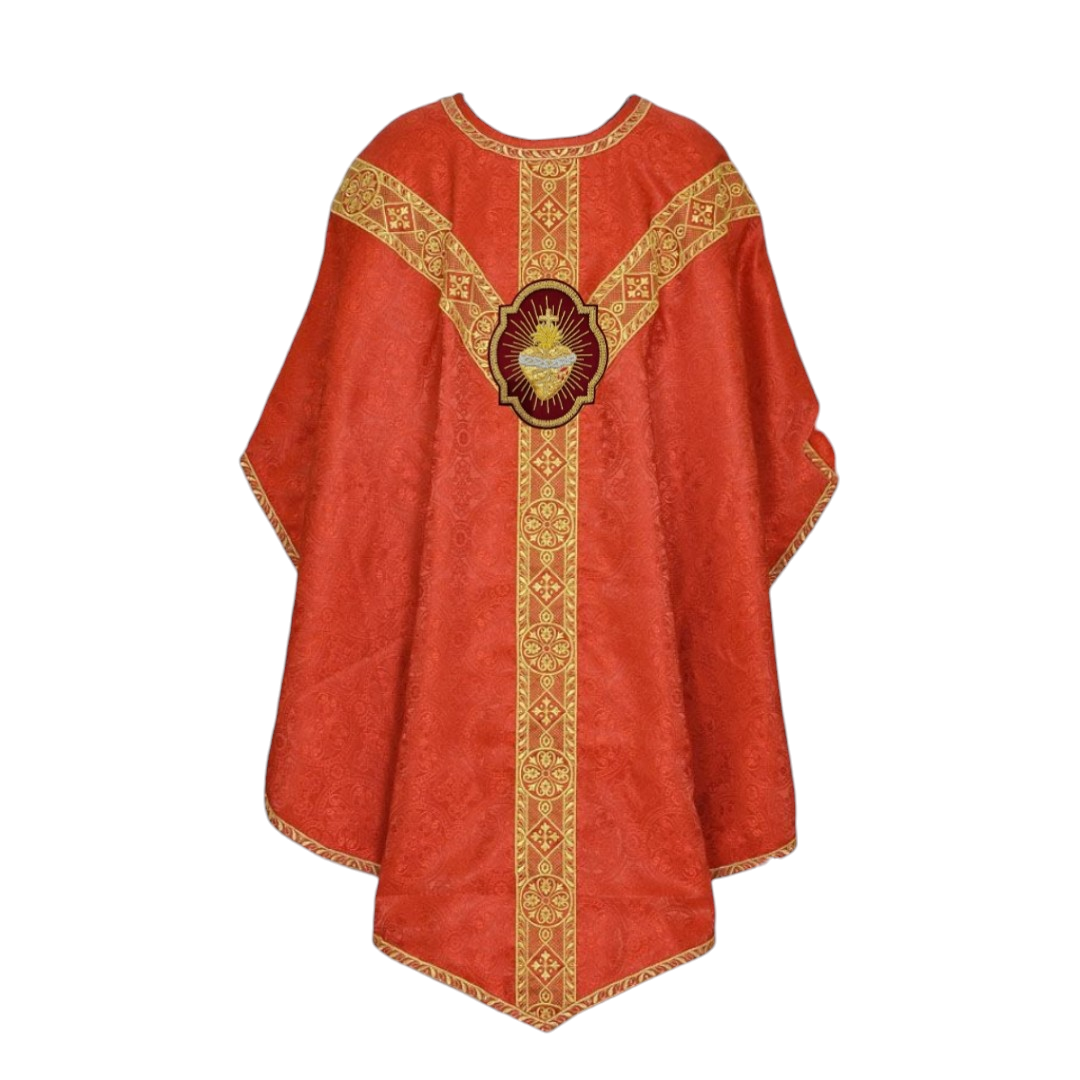Red Sacred Heart Chasuble with Hand Embroidered Dove Applique with Matching Stole