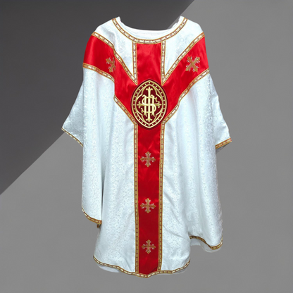 White Gothic Chasuble with IHS Applique Damask Fabric Vestment For Priest