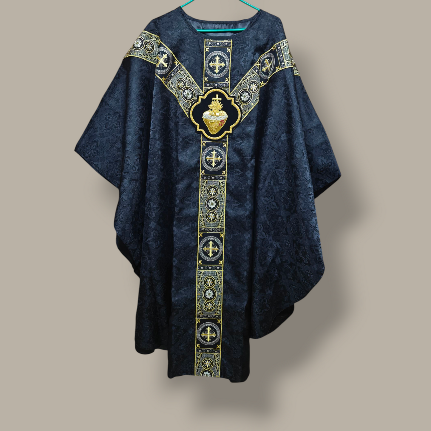 Hand-Embroidered Sacred Heart Black Chasuble in Church Damask & Fringed Stole