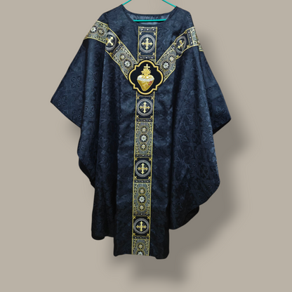 Hand-Embroidered Sacred Heart Black Chasuble in Church Damask & Fringed Stole