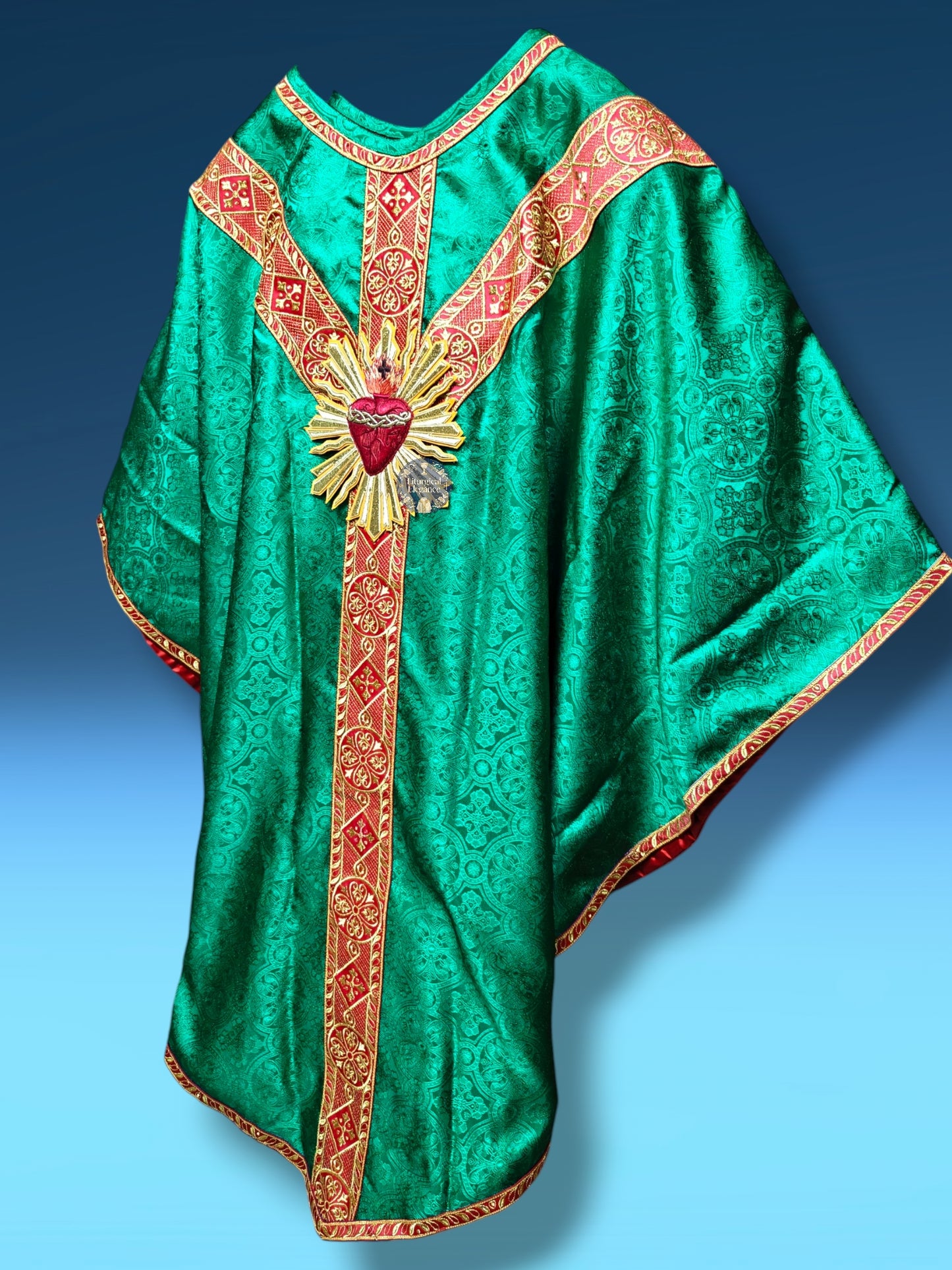 Green Gothic Chasuble with Hand Embroidered Sacred Heart Applique Low Mass Set