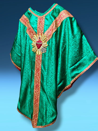 Green Gothic Chasuble with Hand Embroidered Sacred Heart Applique Low Mass Set