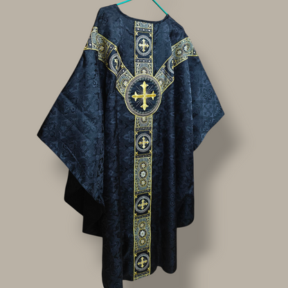 Hand-Embroidered Sacred Heart Black Chasuble in Church Damask & Fringed Stole