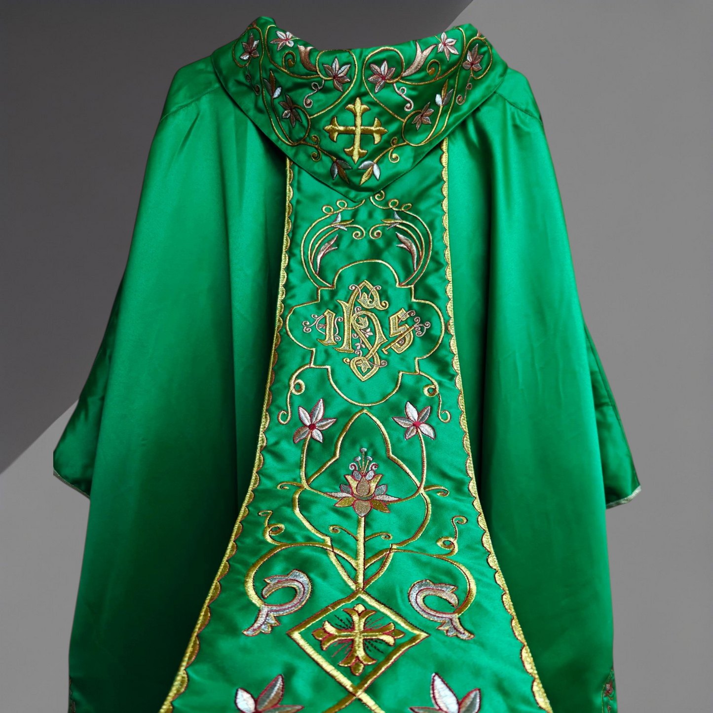 Gothic Chasuble with Embroidered IHS & Floral Orphrey Catholic Priest Vest