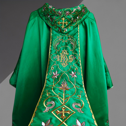 Gothic Chasuble with Embroidered IHS & Floral Orphrey Catholic Priest Vest