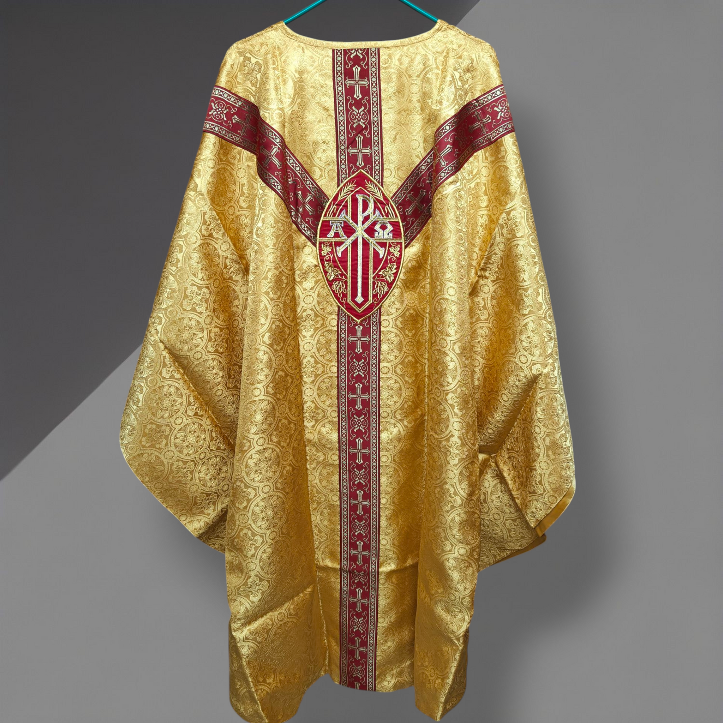 Hand-Embroidered Pelican Applique Oval Gold Chasuble in Damask & Matching Stole