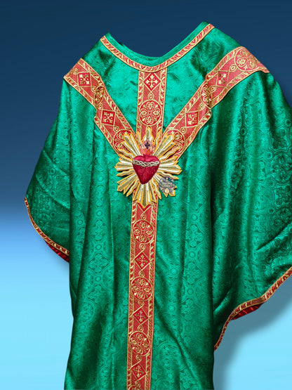 Green Gothic Chasuble with Hand Embroidered Sacred Heart Applique Low Mass Set