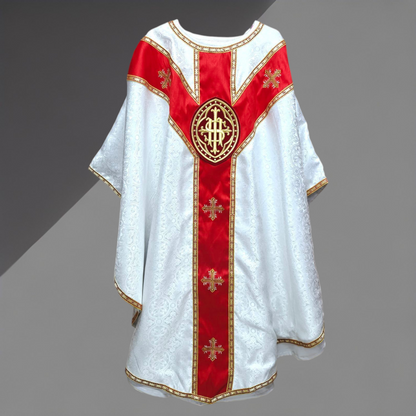 White Gothic Chasuble with IHS Applique Damask Fabric Vestment For Priest