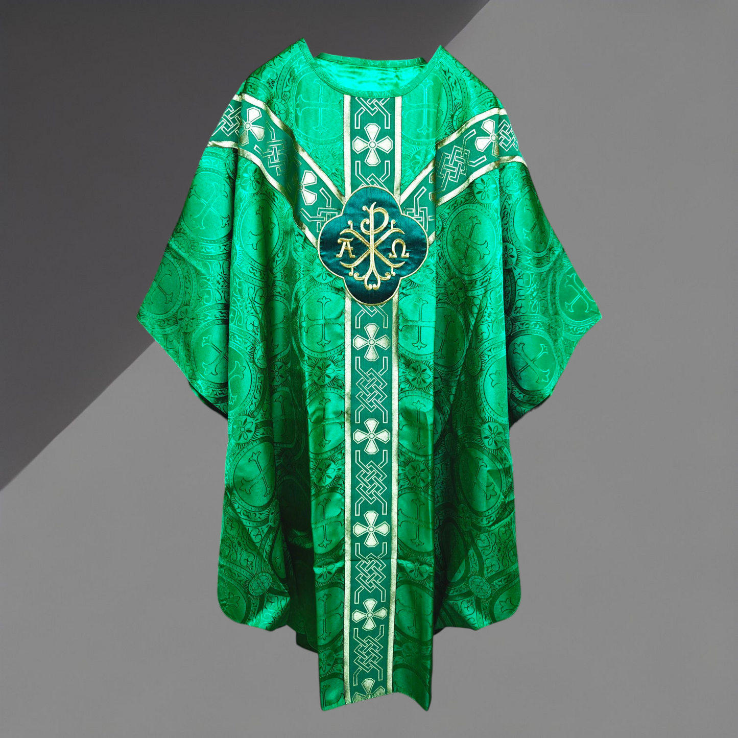 Green Gothic Chasuble with St. Andrew Orphreys | PX & IHS Motifs with Stole
