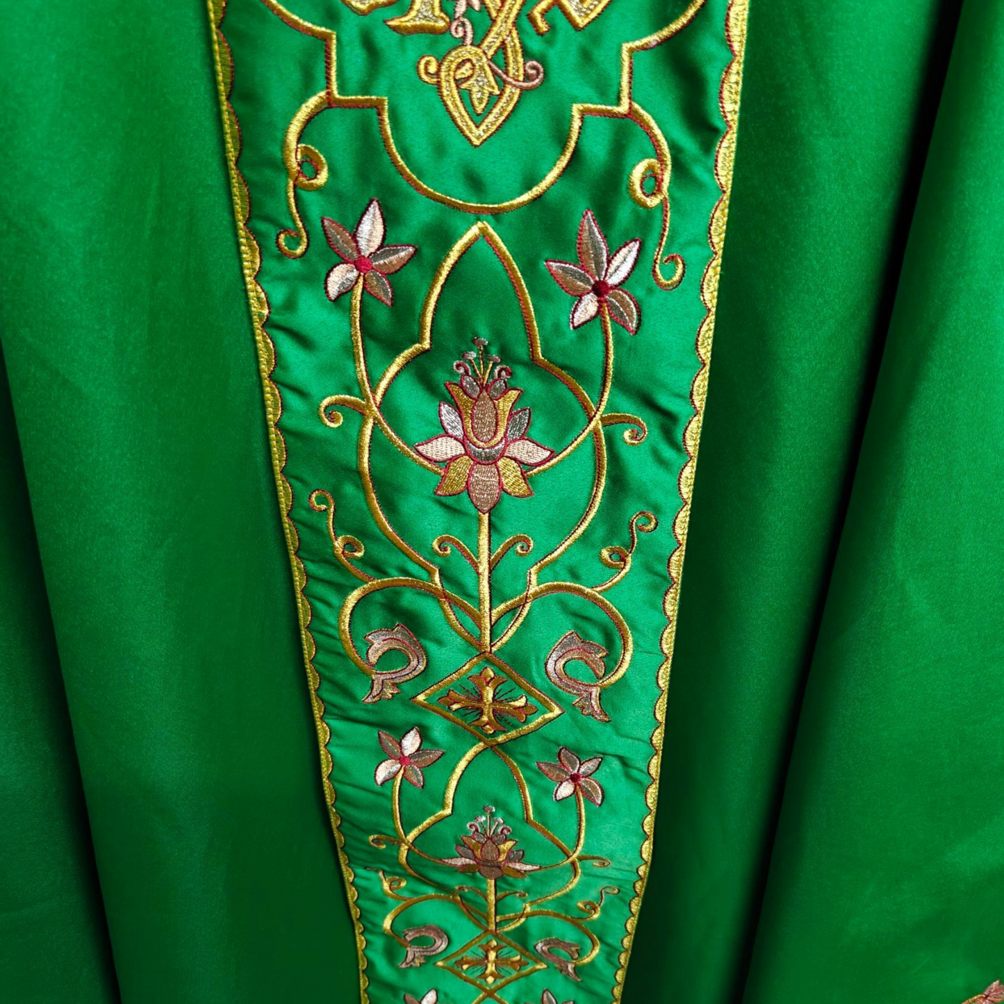 Gothic Chasuble with Embroidered IHS & Floral Orphrey Catholic Priest Vest