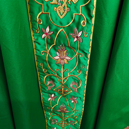 Gothic Chasuble with Embroidered IHS & Floral Orphrey Catholic Priest Vest