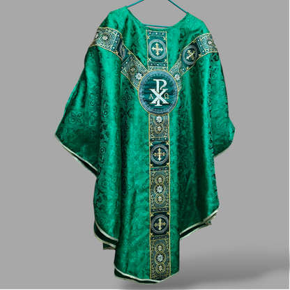 Hand-Embroidered Sacred Heart Green Chasuble in Church Damask & Fringed Stole.