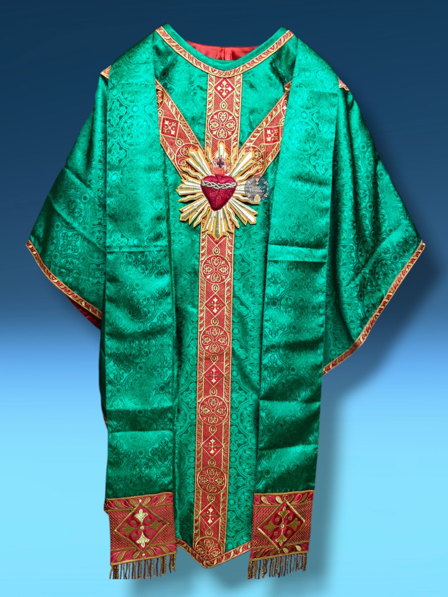 Green Gothic Chasuble with Hand Embroidered Sacred Heart Applique Low Mass Set