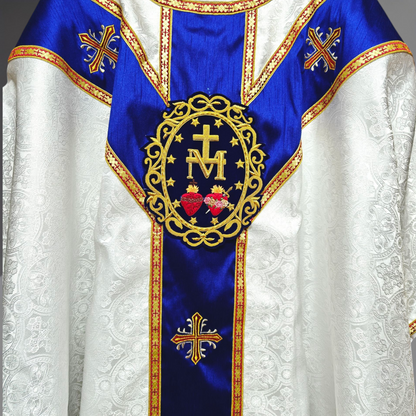 White Gothic Chasuble with Marian Applique Damask Fabric Vestment For Priest