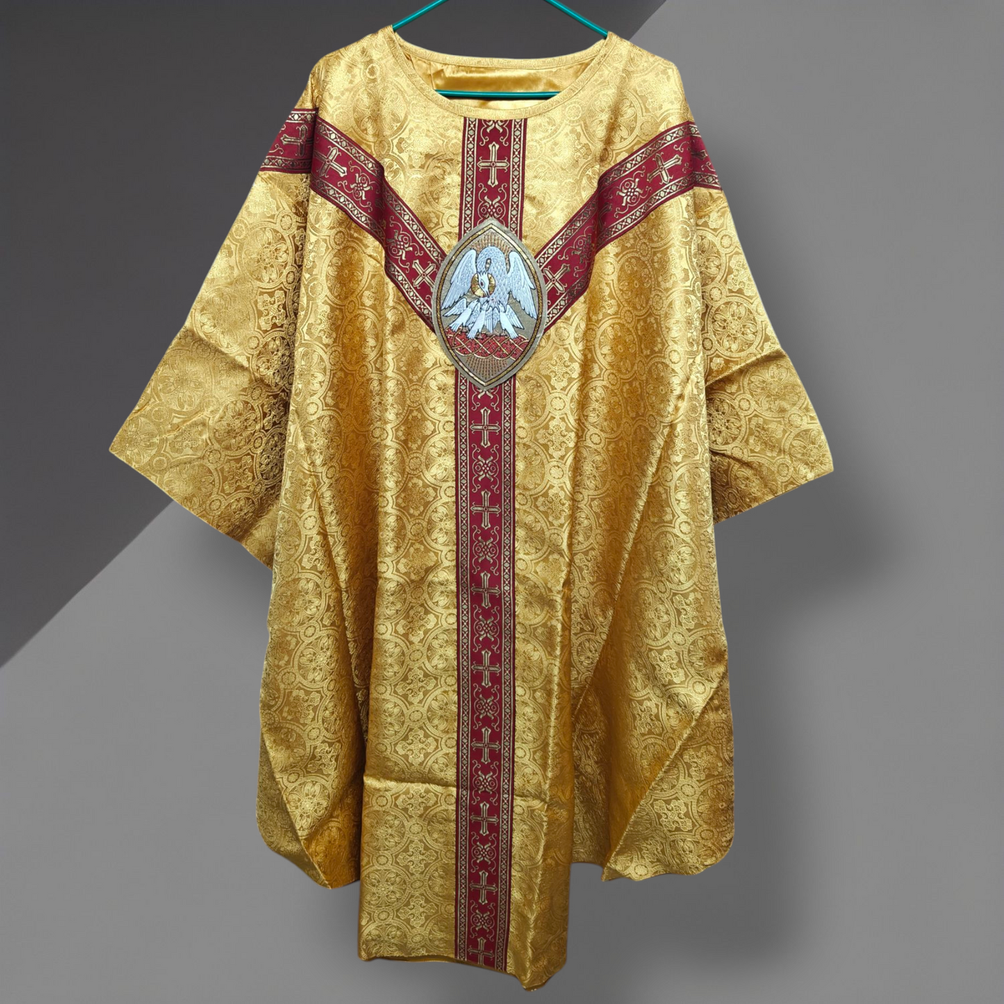 Hand-Embroidered Pelican Applique Oval Gold Chasuble in Damask & Matching Stole