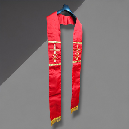 Priest Stole – Cross & Fish (Ichthys) Embroidery | Cross at Neck | Fringed Ends