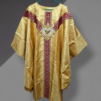 Hand-Embroidered Sacred Heart with Rays Chasuble in Damask & Matching Stole