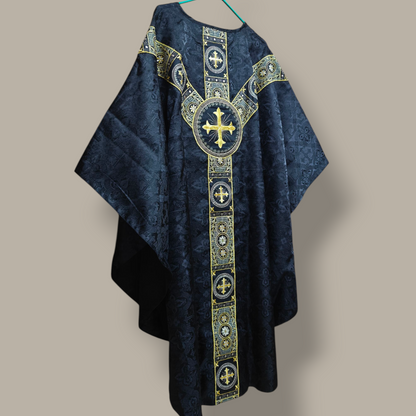 Hand-Embroidered Sacred Heart Black Chasuble in Church Damask & Fringed Stole