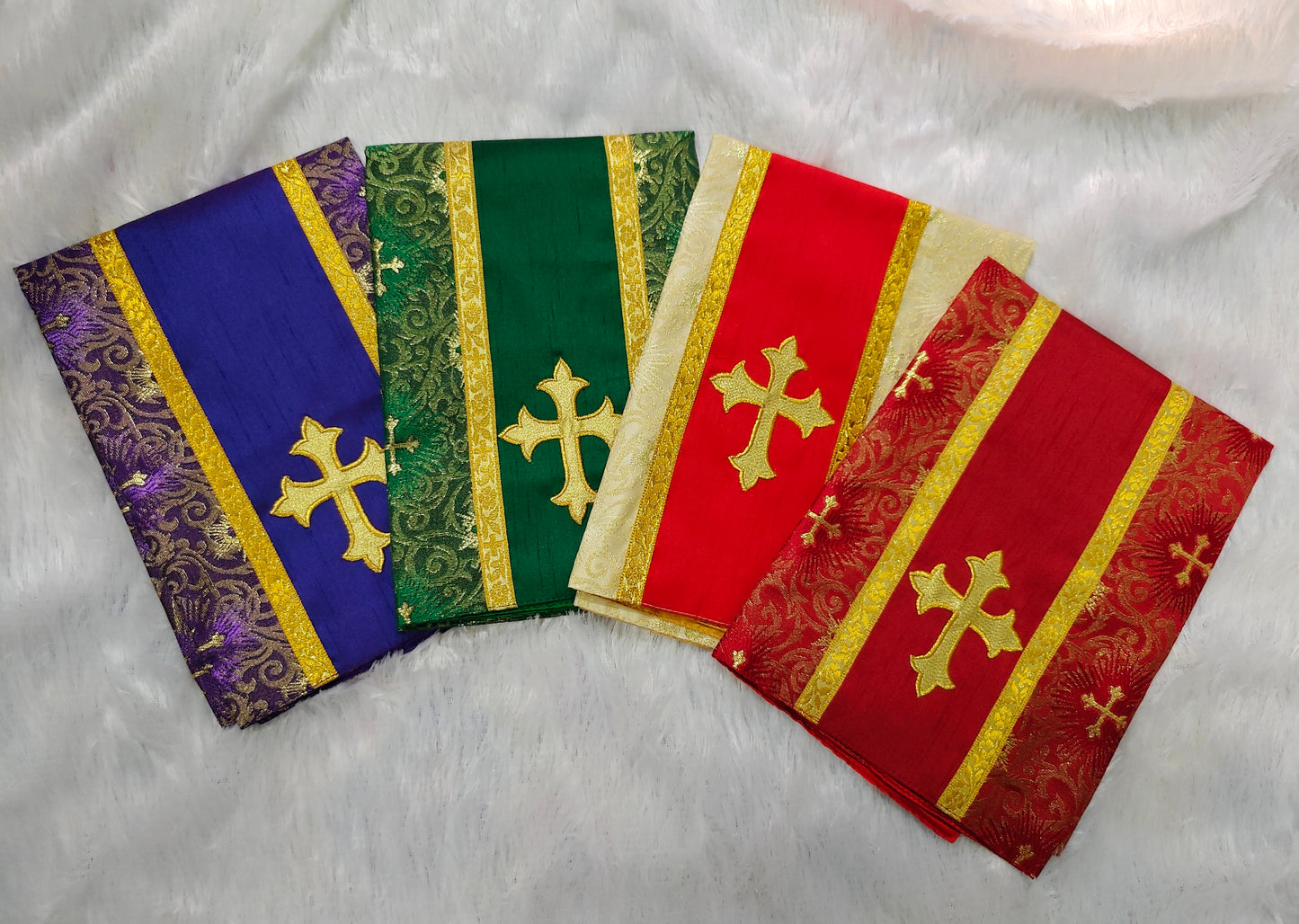 Set of 4 Silk Burse & Chalice Veil Sets – Embroidered Floral & Cross Design