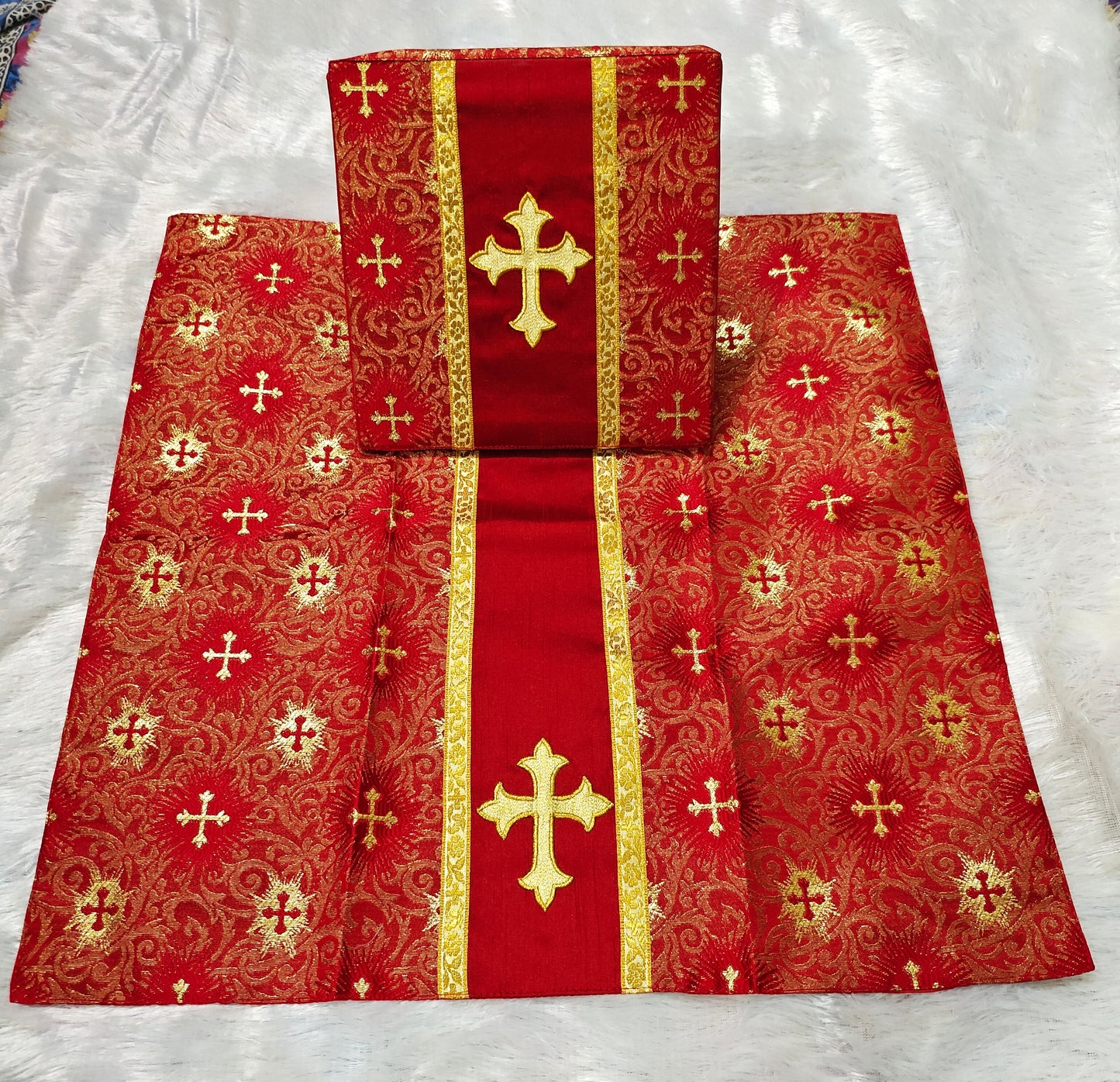 Set of 4 Silk Burse & Chalice Veil Sets – Embroidered Floral & Cross Design