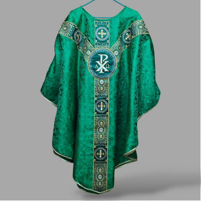 Hand-Embroidered Sacred Heart Green Chasuble in Church Damask & Fringed Stole.