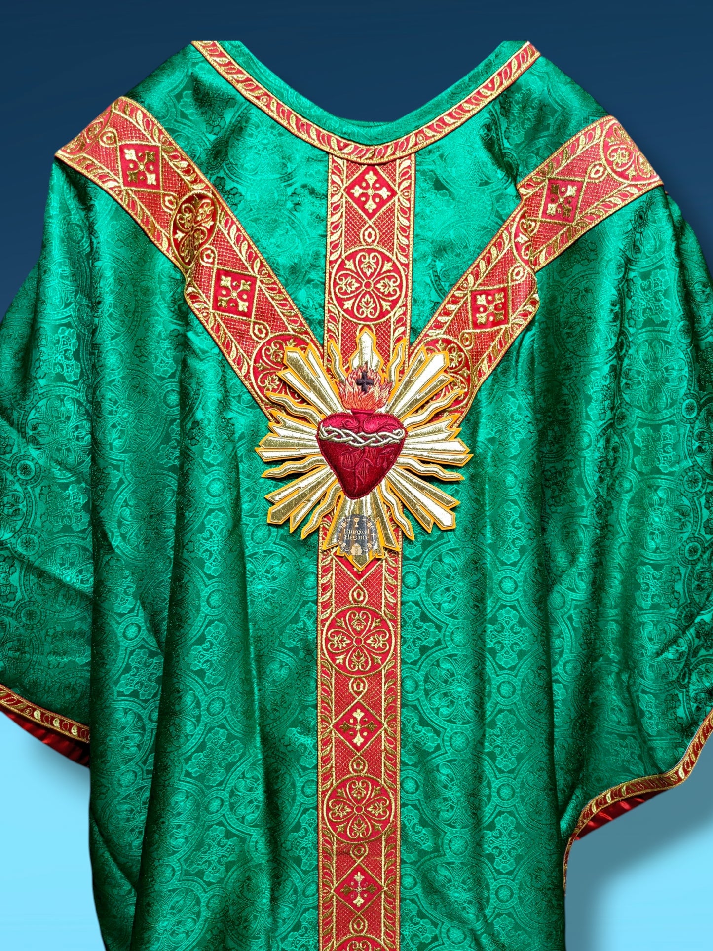 Green Gothic Chasuble with Hand Embroidered Sacred Heart Applique Low Mass Set