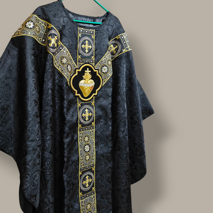 Hand-Embroidered Sacred Heart Black Chasuble in Church Damask & Fringed Stole