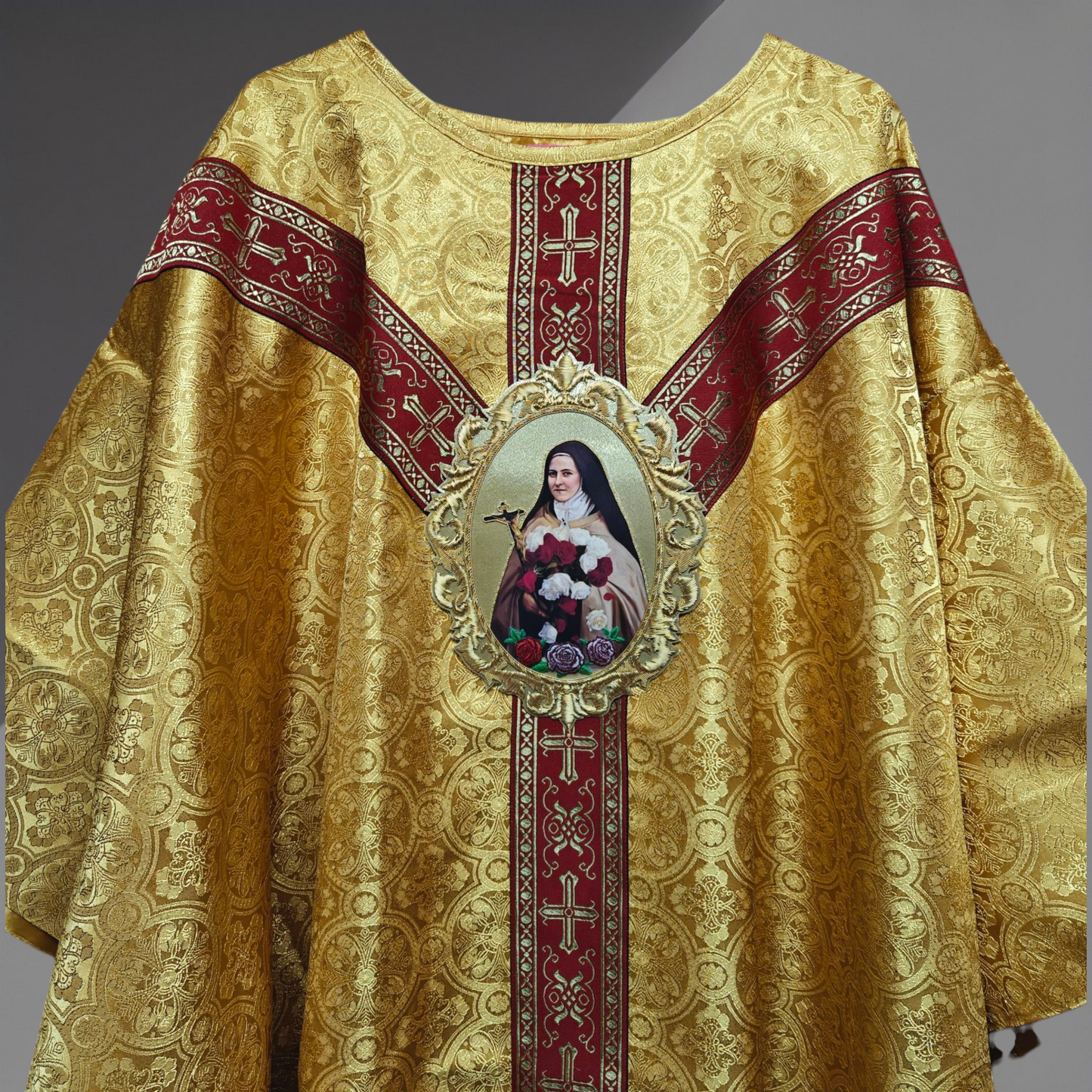 Gold Damask Chasuble with St. Therese Appliqué Catholic Priest Vestment Set
