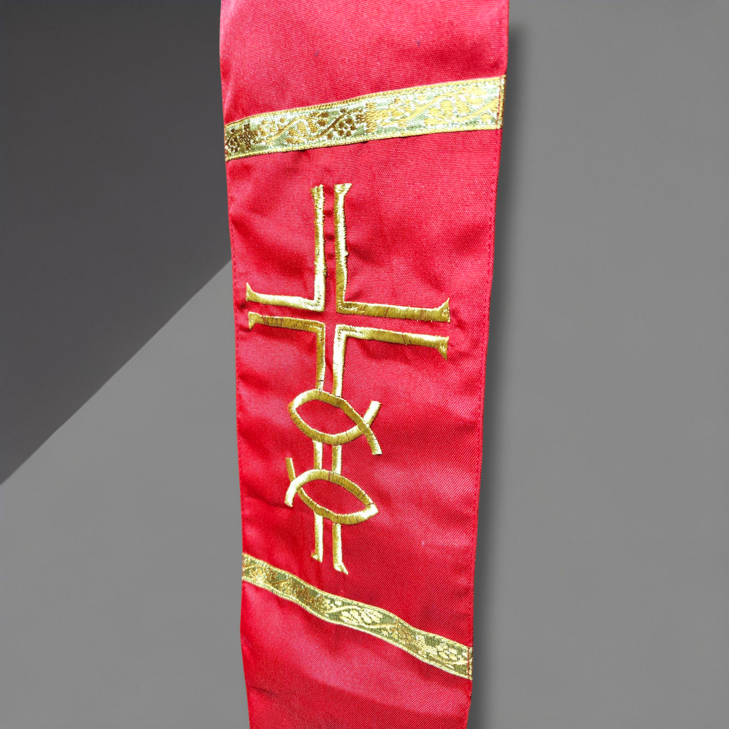 Priest Stole – Cross & Fish (Ichthys) Embroidery | Cross at Neck | Fringed Ends