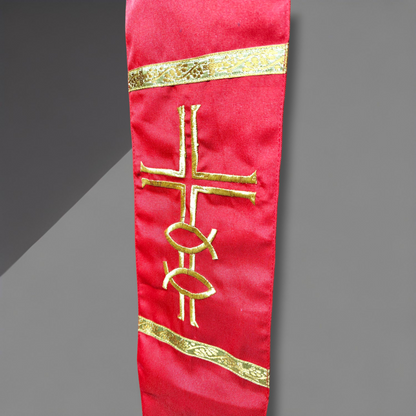 Priest Stole – Cross & Fish (Ichthys) Embroidery | Cross at Neck | Fringed Ends