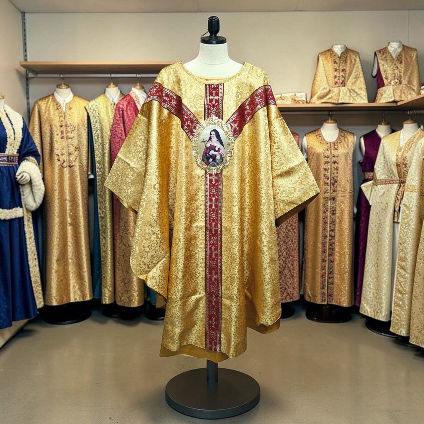 Gold Damask Chasuble with St. Therese Appliqué Catholic Priest Vestment Set