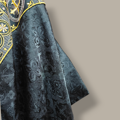 Hand-Embroidered Sacred Heart Black Chasuble in Church Damask & Fringed Stole