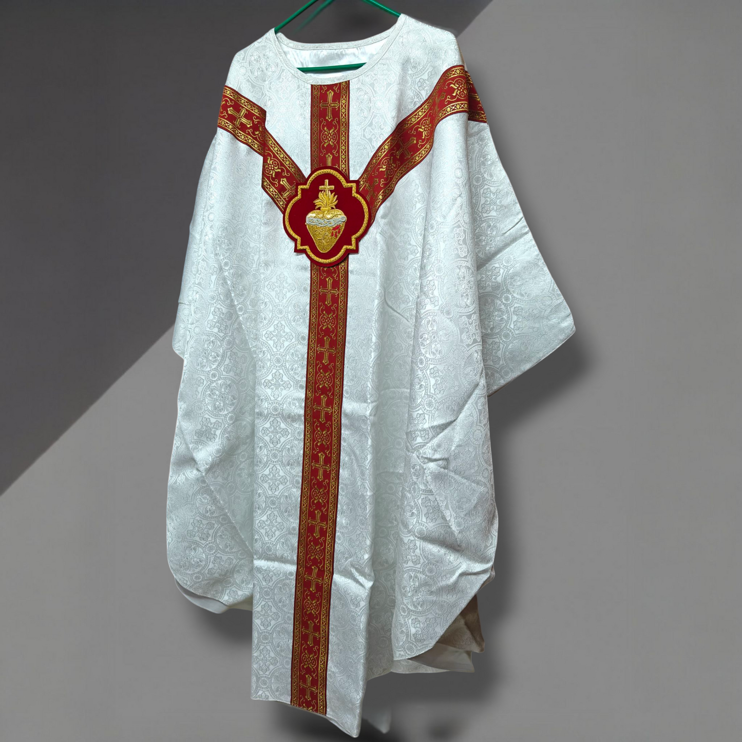 Hand-Embroidered Sacred Heart Red Chasuble in Damask & Matching Stole