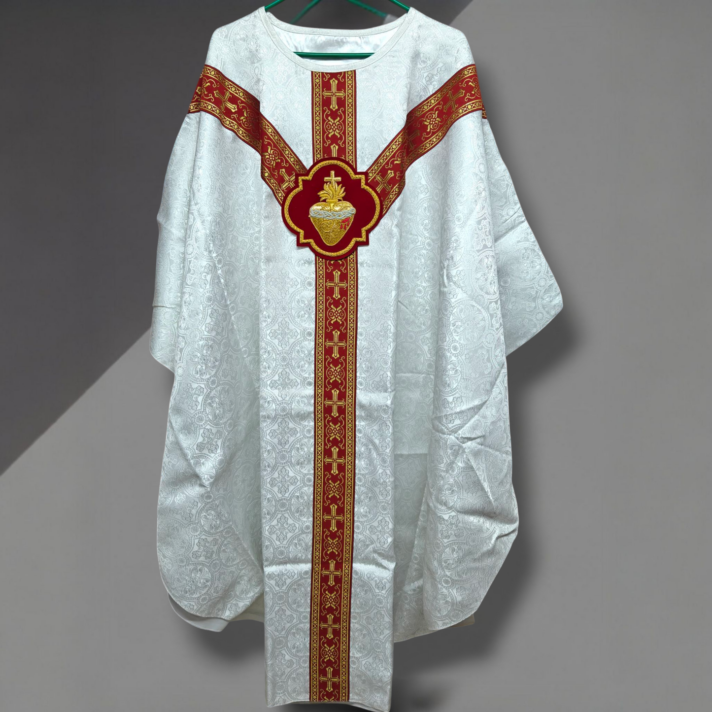 Hand-Embroidered Sacred Heart Red Chasuble in Damask & Matching Stole