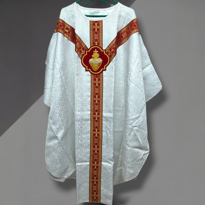 Hand-Embroidered Sacred Heart Red Chasuble in Damask & Matching Stole