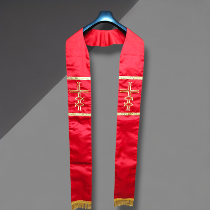 Priest Stole – Cross & Fish (Ichthys) Embroidery | Cross at Neck | Fringed Ends