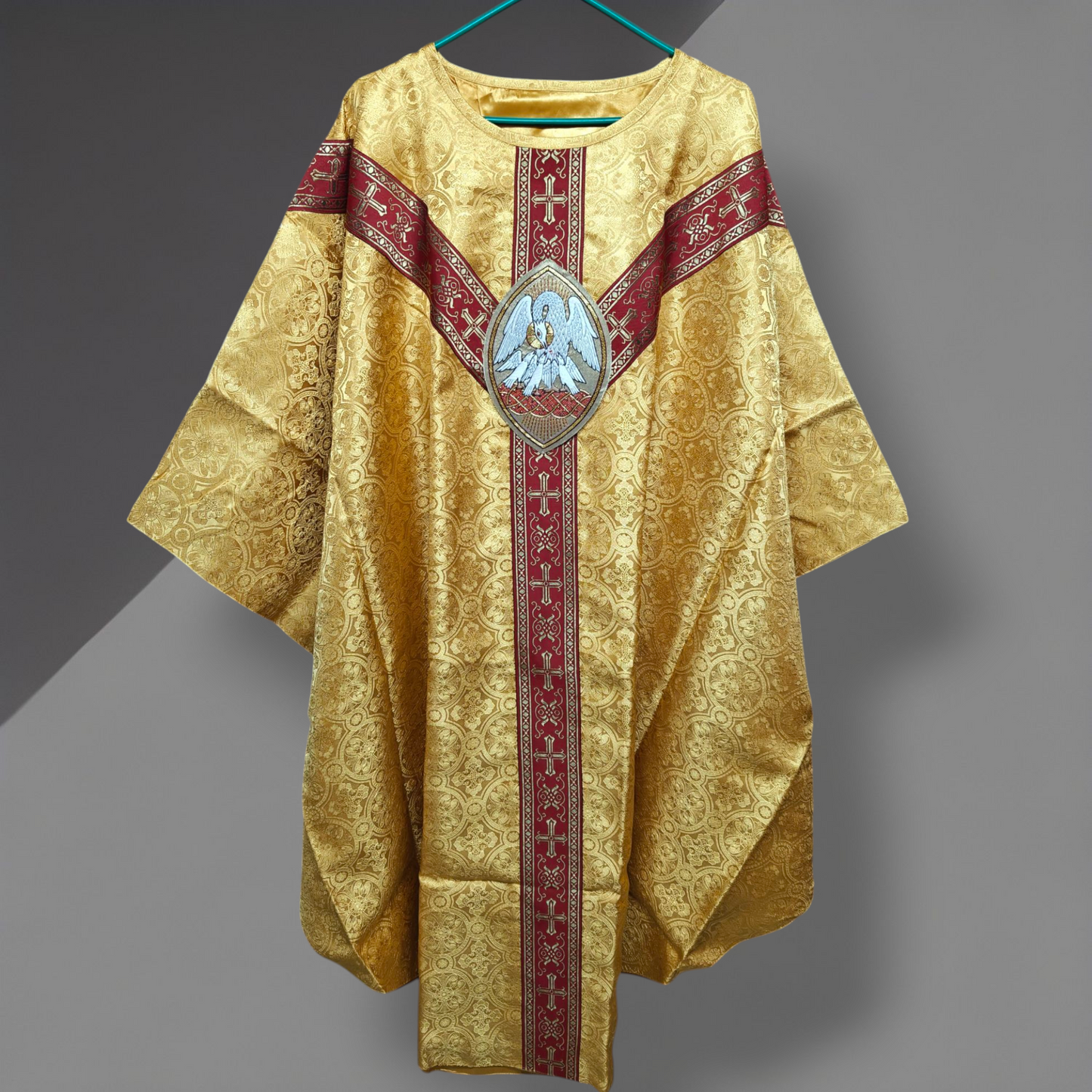 Hand-Embroidered Pelican Applique Oval Gold Chasuble in Damask & Matching Stole