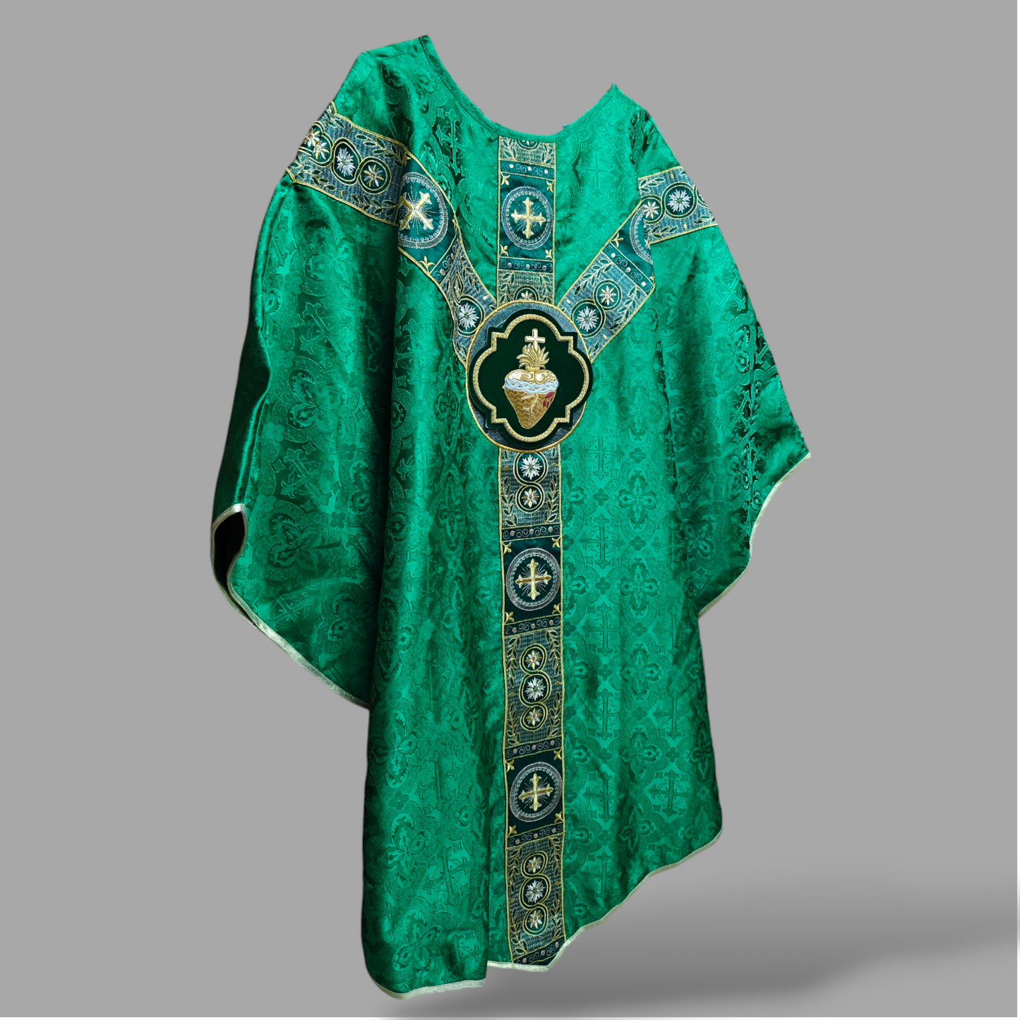 Hand-Embroidered Sacred Heart Green Chasuble in Church Damask & Fringed Stole.