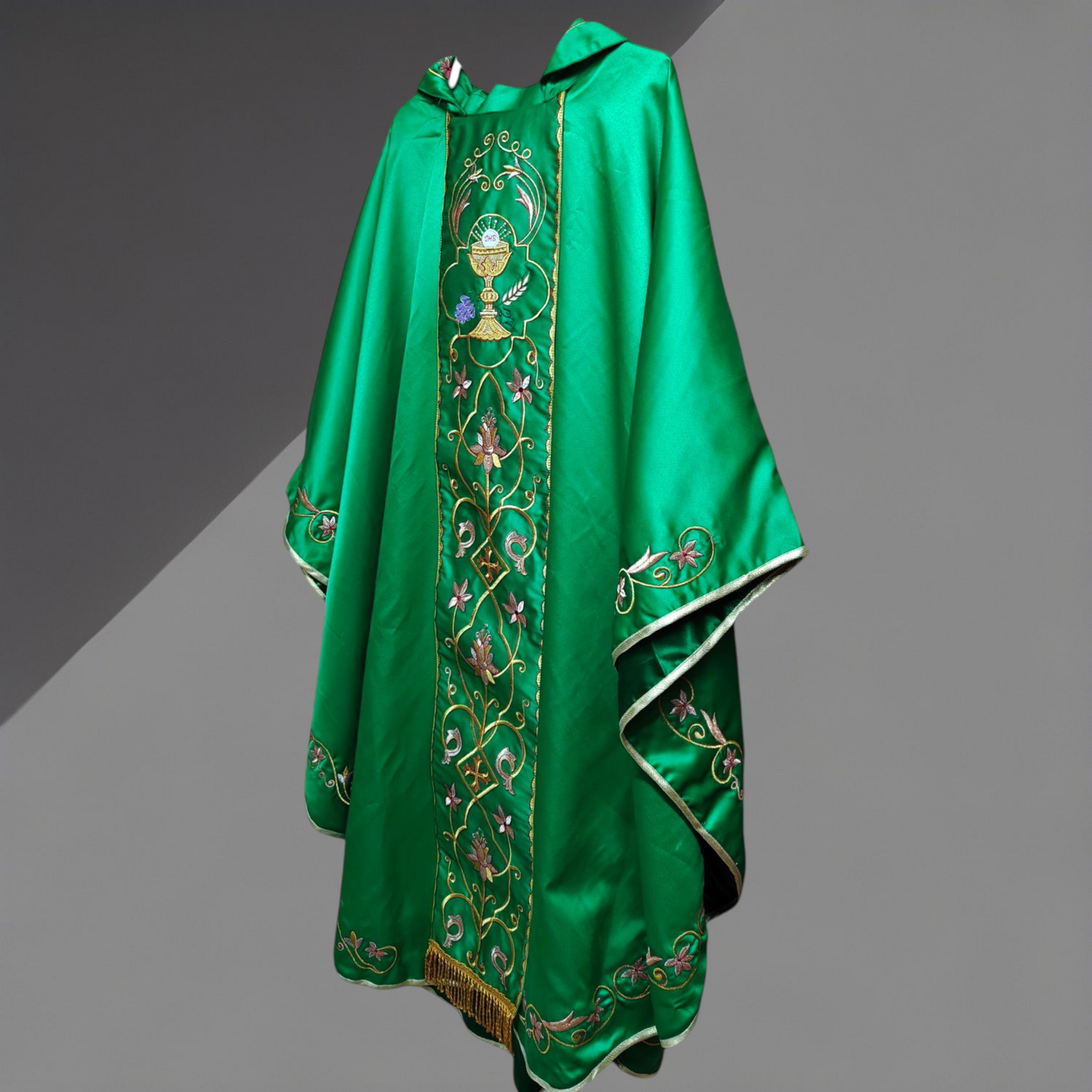Gothic Chasuble with Embroidered IHS & Floral Orphrey Catholic Priest Vest