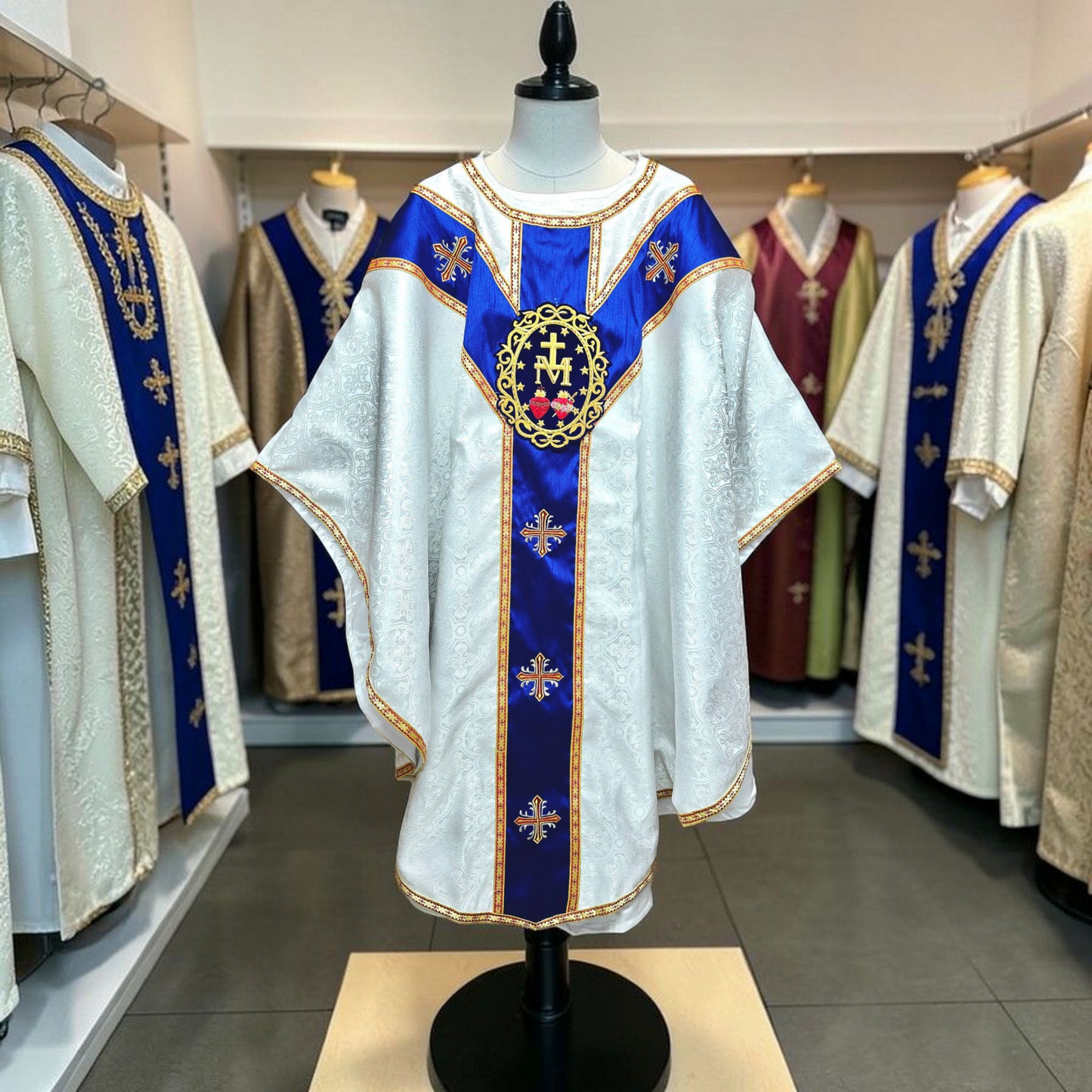 White Gothic Chasuble with Marian Applique Damask Fabric Vestment For Priest