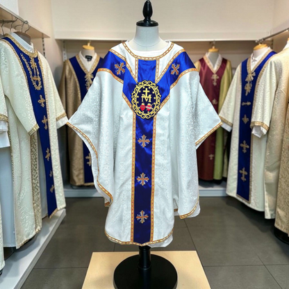 White Gothic Chasuble with Marian Applique Damask Fabric Vestment For Priest
