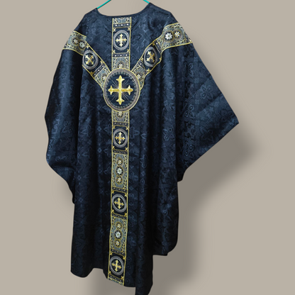 Hand-Embroidered Sacred Heart Black Chasuble in Church Damask & Fringed Stole