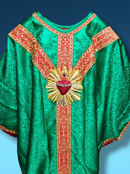 Green Gothic Chasuble with Hand Embroidered Sacred Heart Applique Low Mass Set