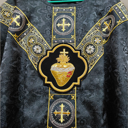 Hand-Embroidered Sacred Heart Black Chasuble in Church Damask & Fringed Stole