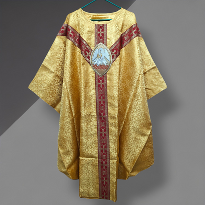 Hand-Embroidered Pelican Applique Oval Gold Chasuble in Damask & Matching Stole